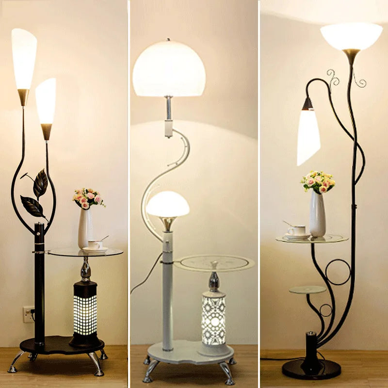 Kobuc Floor Lamps Standing Light with Wood Table for Living Room Bedside Flower Glass Lampshade Art Decor Corner Standing Lamp
