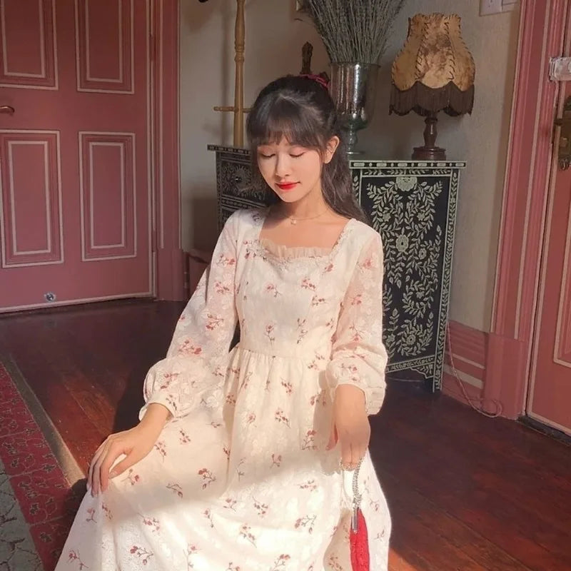 White Floral Dress Women Elegant Print Sweet Party Dress Female Kawaii Korean One-piece Dress Women's Clothing Autumn 2020