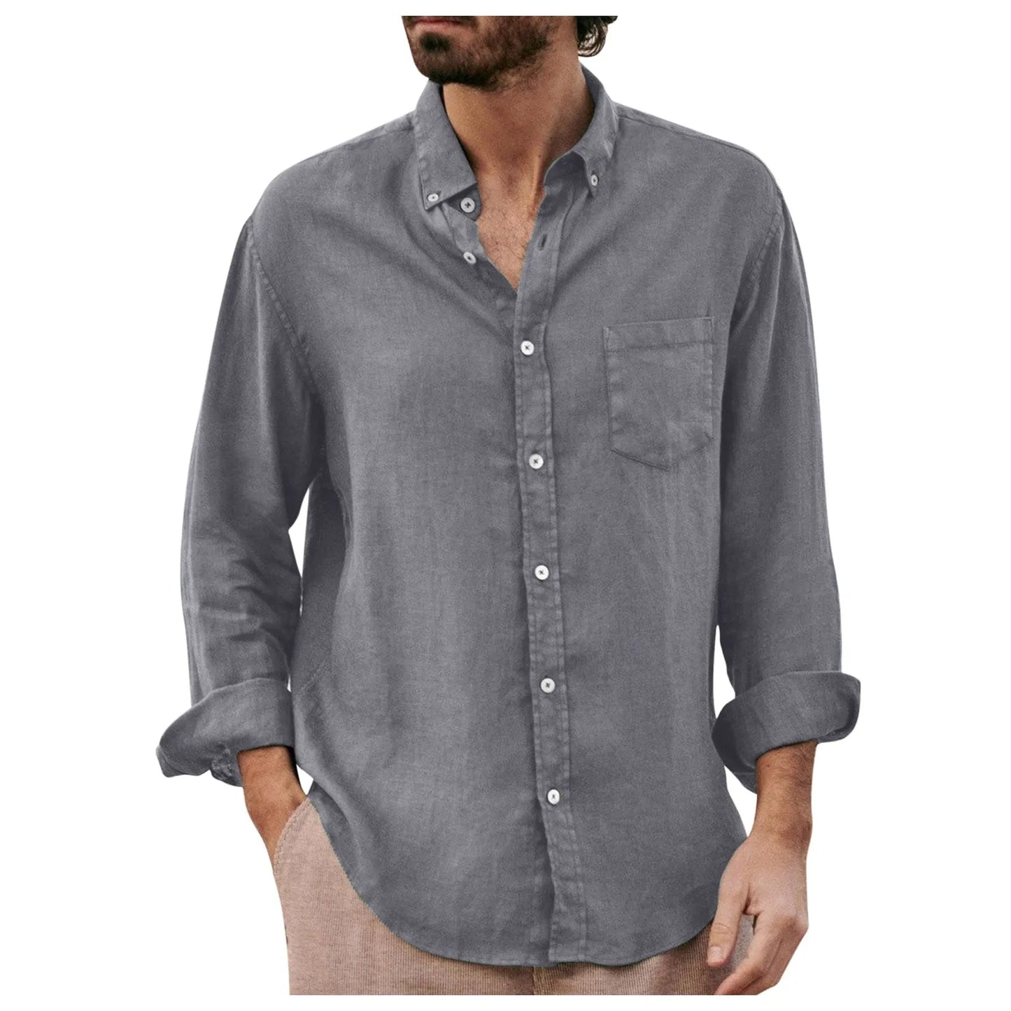 Vintage Men Shirt Casual Solid Color Shirt Lump Chest Pocket Loose Long Sleeve Button Cardigan Streetwear Turn Down Collar Shirt