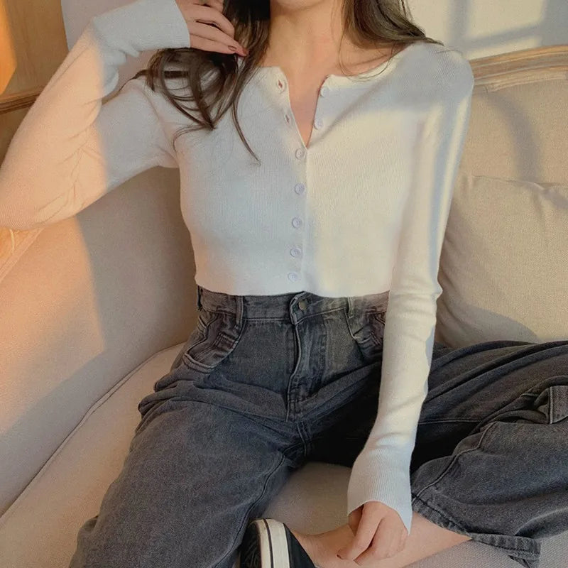 Thin Women's Knitted Cardigan Sexy Solid Color T-shirt Crop Trendy Casual Long Sleeve Women T shirt