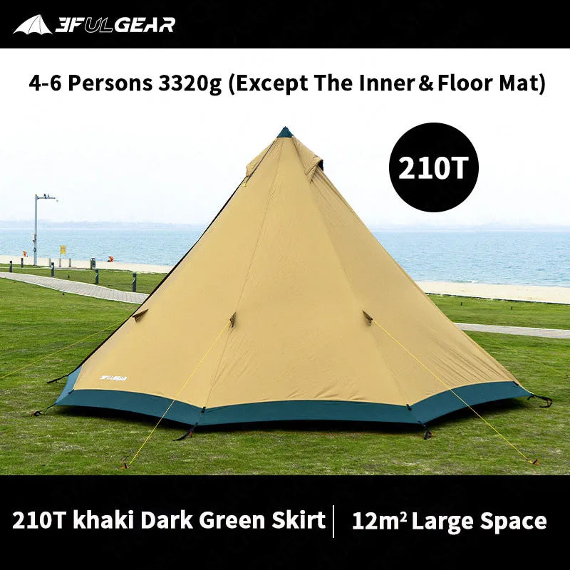 3F UL GEAR Pyramid Tipi Tent Outdoor Camipng 4-6 Persons Large Tent 40D/210T Windproof Tent 3 Season With Snow Skirt