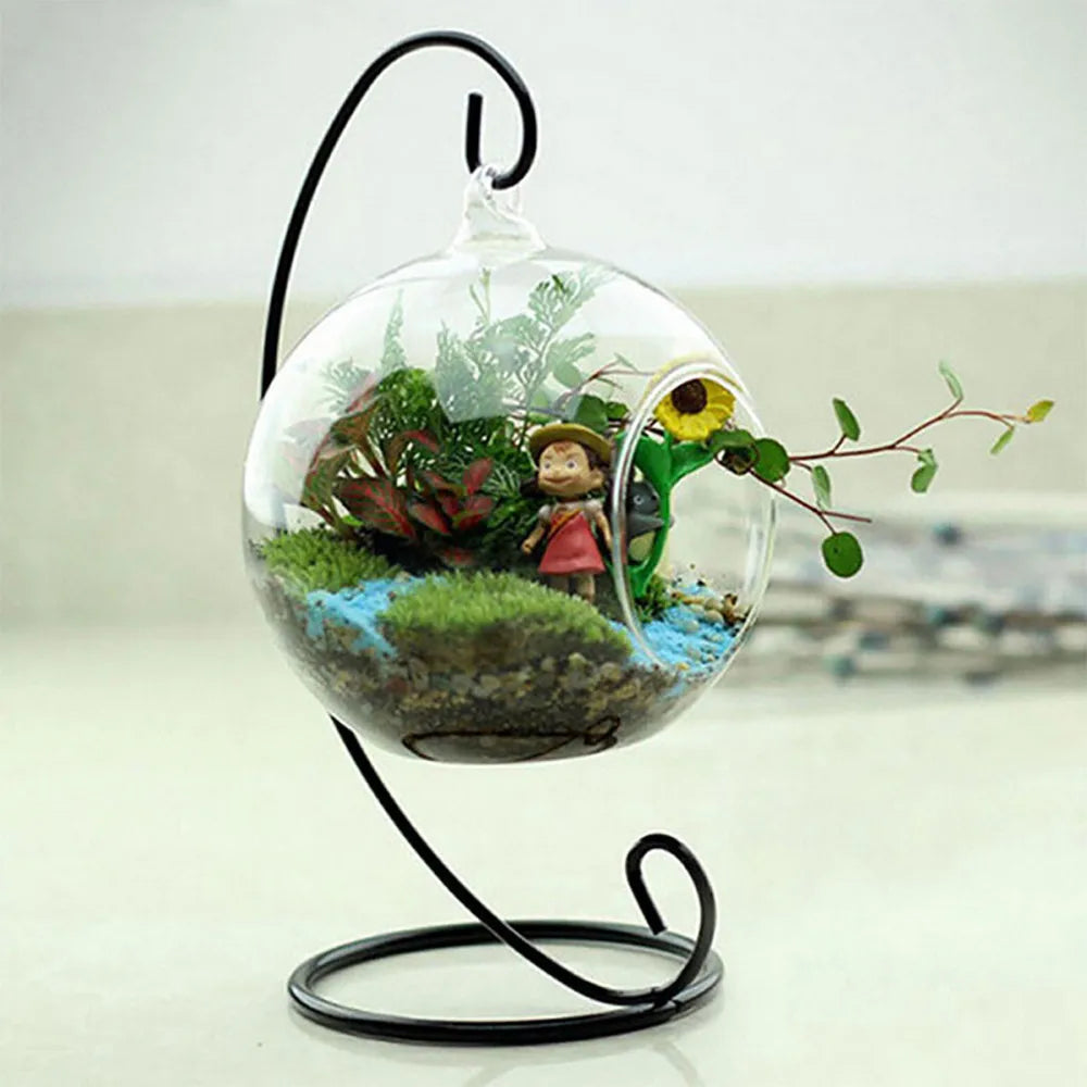 23cm Iron Metal Lantern Vases Stand Hanging Candlestick Glass Globe Candle Ornament Holder Rack Flower Basket Vase Storage Gift