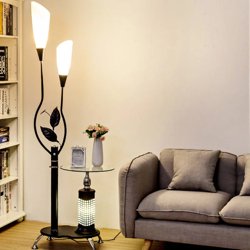 Kobuc Floor Lamps Standing Light with Wood Table for Living Room Bedside Flower Glass Lampshade Art Decor Corner Standing Lamp