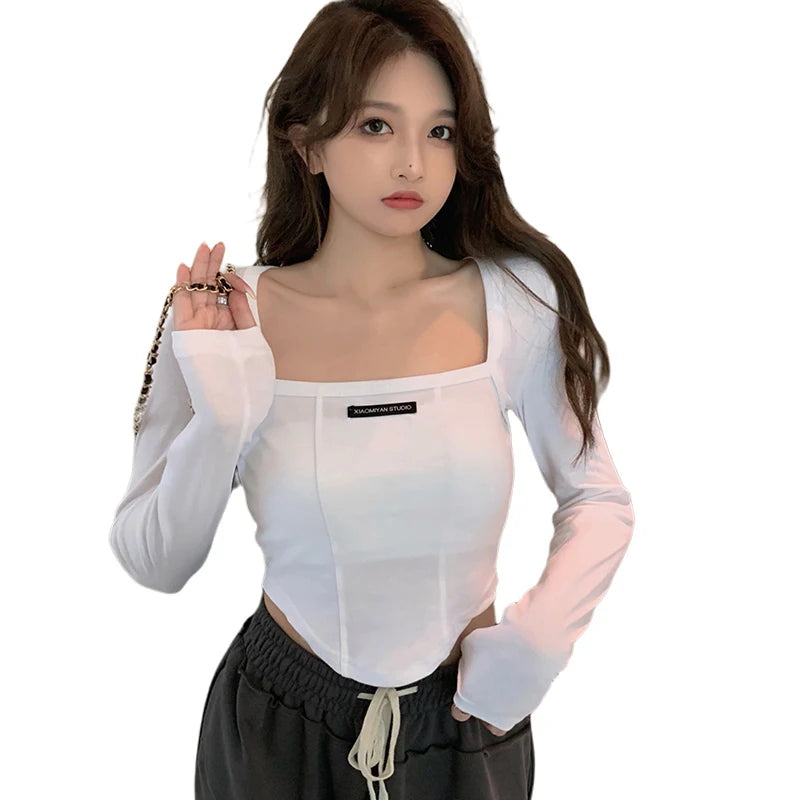 Autumn Women Embroidered Tight Long-Sleeved T-shirt Girls Short Top T Woman Tshirts Tops Mujer Camisetas
