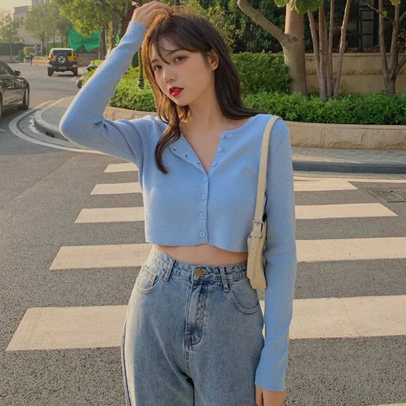 Thin Women's Knitted Cardigan Sexy Solid Color T-shirt Crop Trendy Casual Long Sleeve Women T shirt
