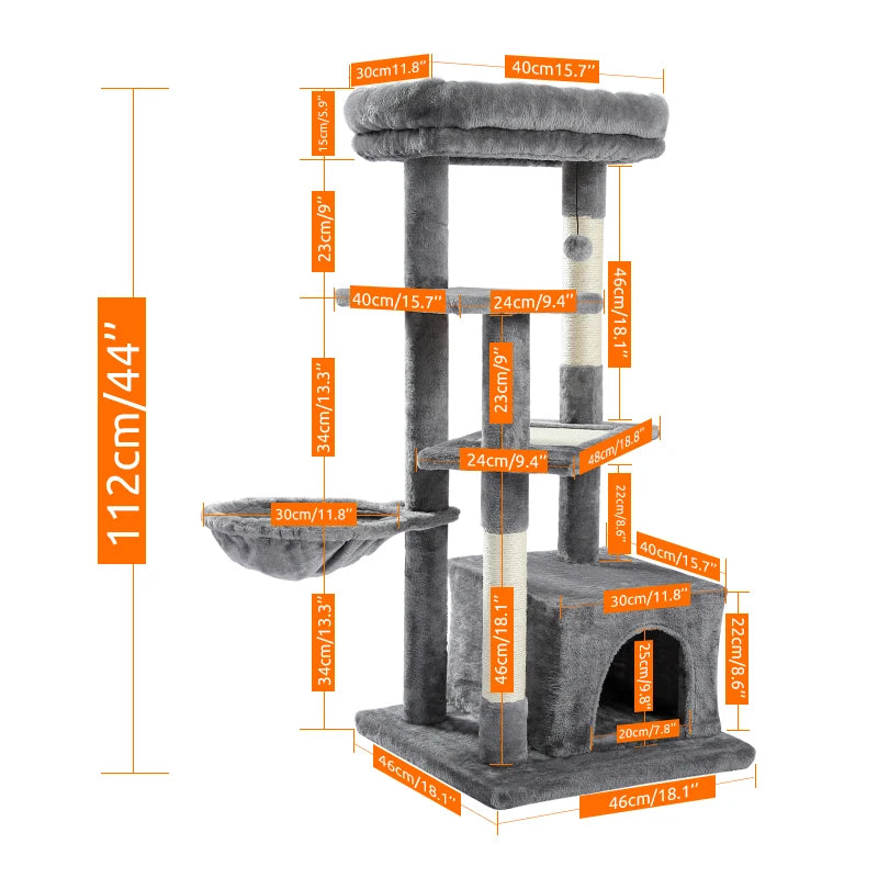 Cat Tree Tower Cat Scraper with Hammock Cat Scratcher with Sisal Scratching Post Furniture Climbing Frame Condo Top Soft Perch