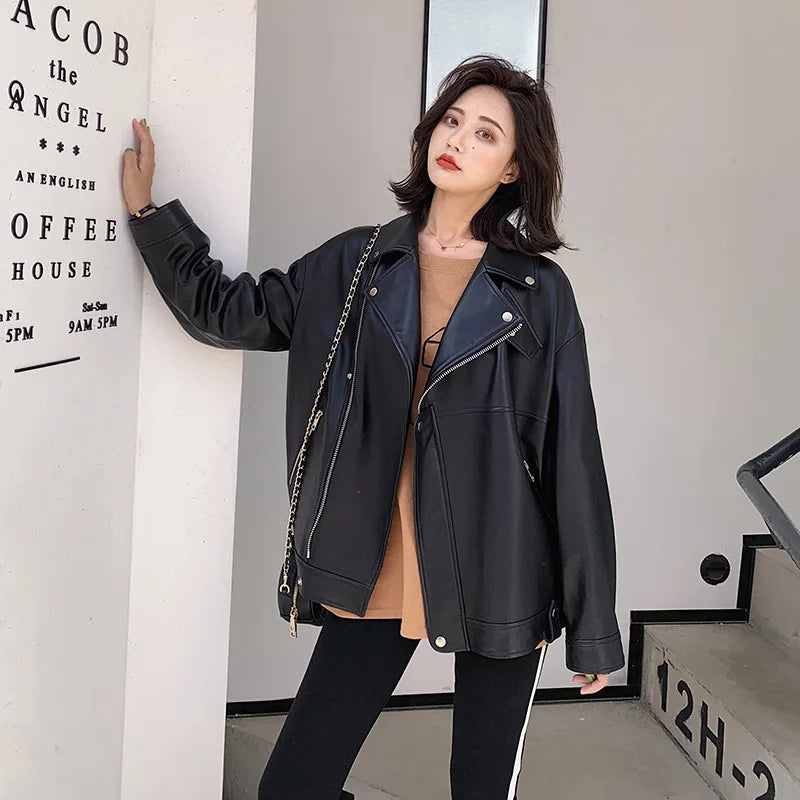 Nerazzurri Autumn White Black Soft Pu Leather Jackets for Women Long Sleeve Zipper Loose Spring Faux Leather Biker Jacket Women
