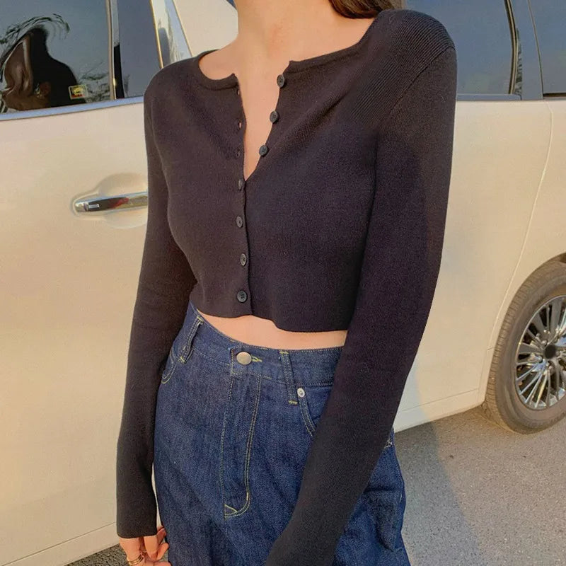 Thin Women's Knitted Cardigan Sexy Solid Color T-shirt Crop Trendy Casual Long Sleeve Women T shirt