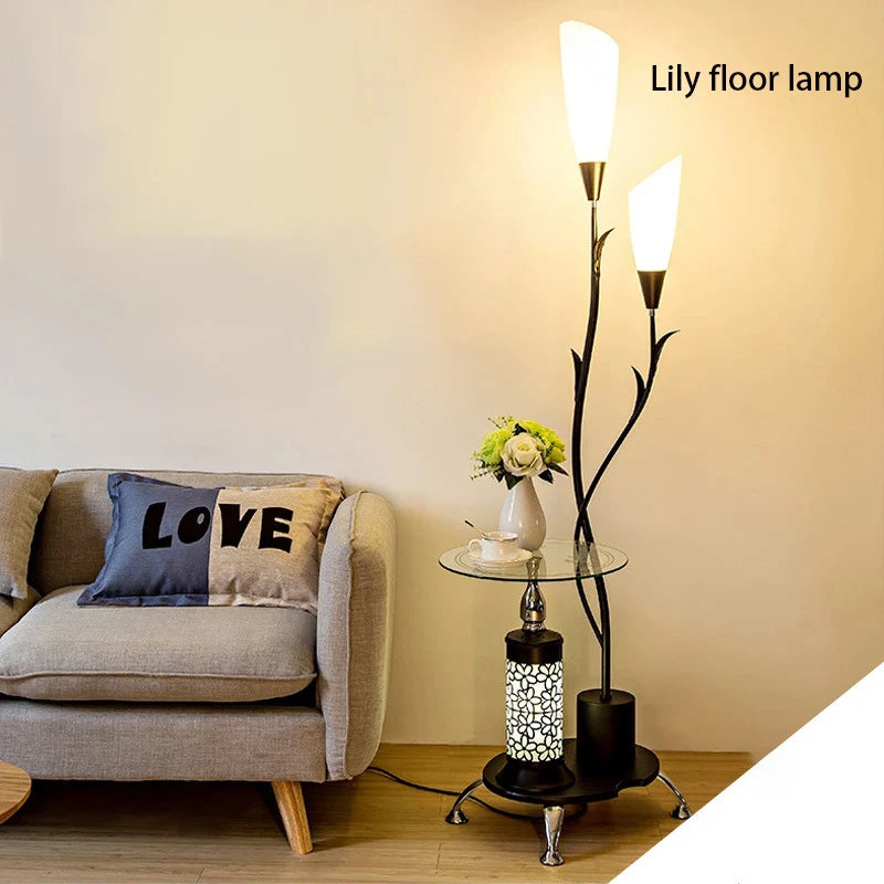 Kobuc Floor Lamps Standing Light with Wood Table for Living Room Bedside Flower Glass Lampshade Art Decor Corner Standing Lamp