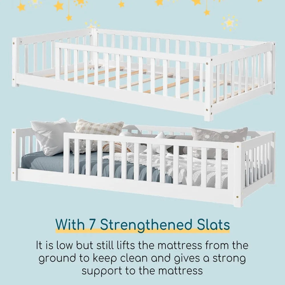 Twin Size Floor Bed for Kids with Safety Guardrails and Door and Slats, Montessori Bed Frame for Kids
