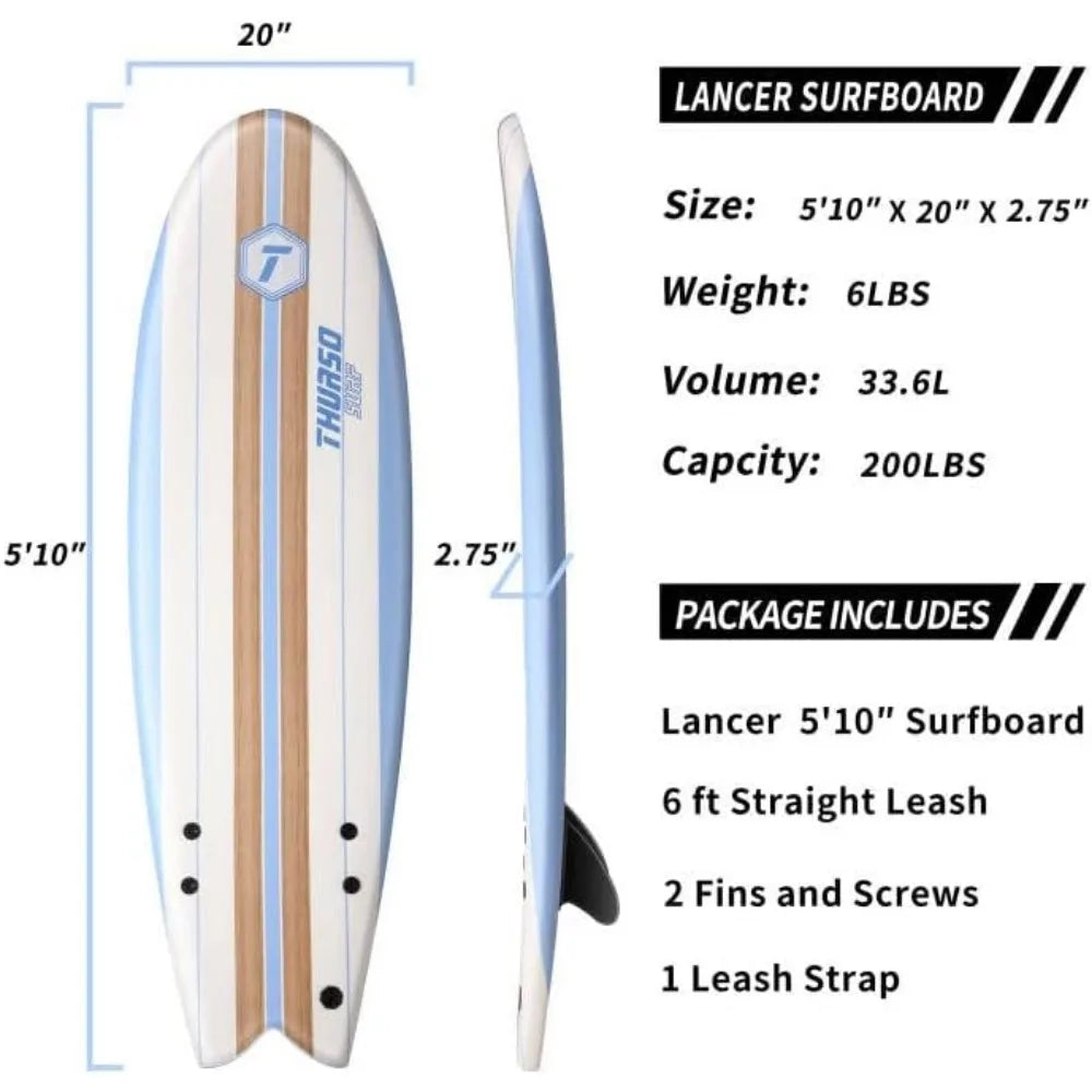 2024 New 5'10'' Soft Top Foam Surfboard Fish Surf Board for Kids & Adults Includes Twin Fins Double Swivel