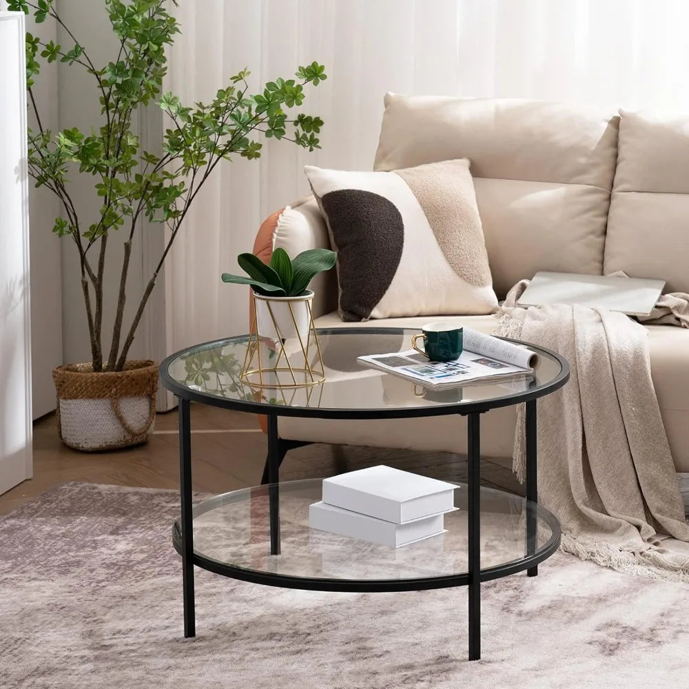 VINGLI Glass Coffee Table,30" Round Coffee Table Black Tables for Living Room,2-Tier Glass Top Coffee Table with Storage