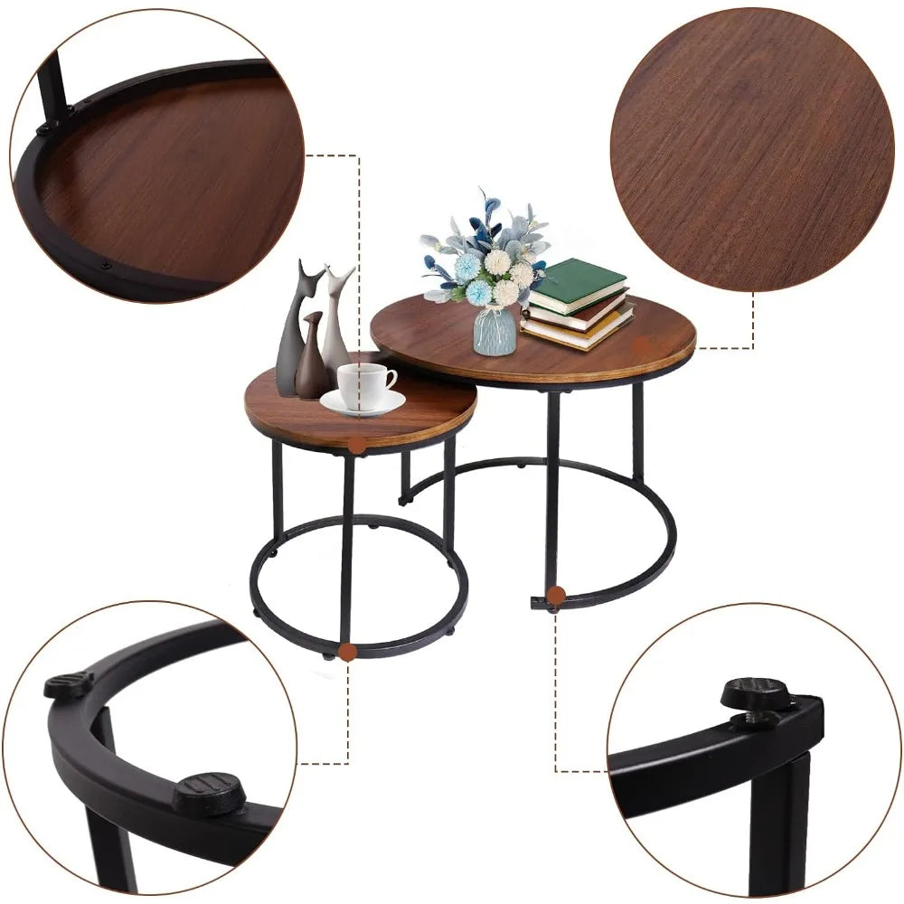 Coffee Table Nesting Set of 2 Round End Table Accent Side Stacking Tables with Sturdy Metal Frame,Modern Living Room Table