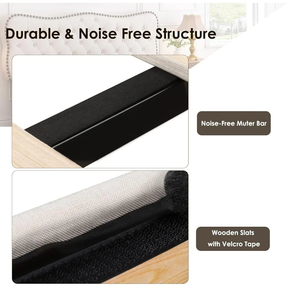 Bed Frame, Linen Fabric Upholstered Platform with Adjustable Headboard, Diamond Tufted Mattress Foundation with Wood Slats