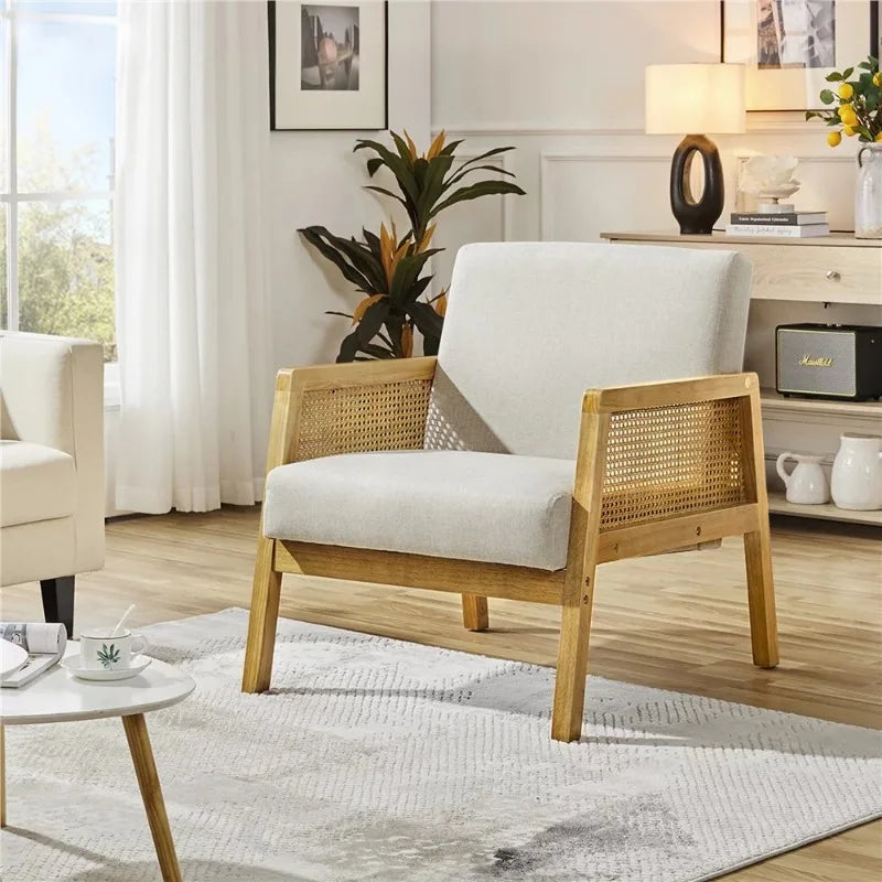 Fabric Upholstered Accent Chair with Rattan Sides for Living Rooms,Beige chairs living room single sofa chair furniture