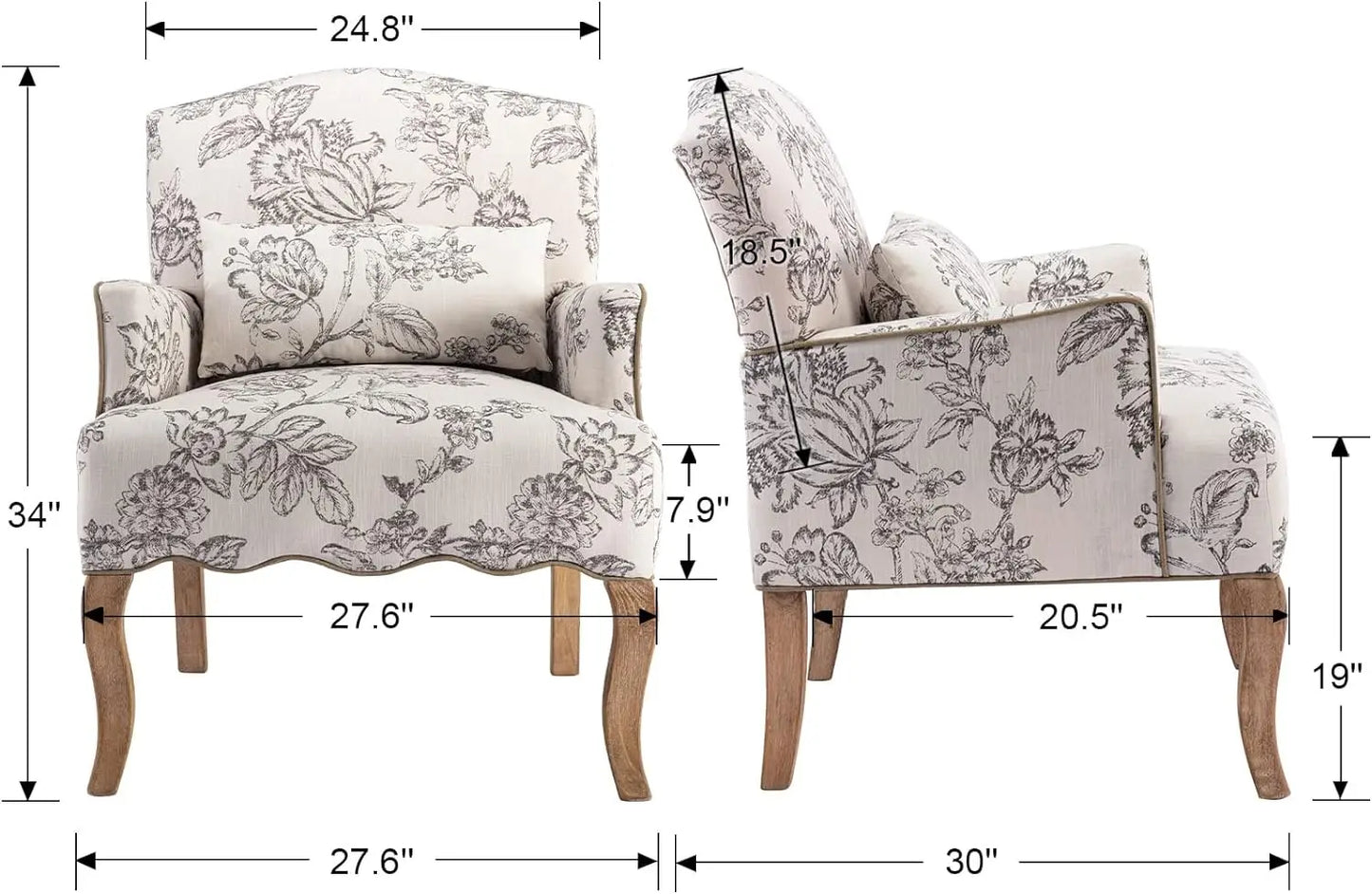 Mid Century Accent Chair Modern Floral Armchair Wingback Club Chair Upholstered Fabric Single Sofa Lounge Chair with Pill