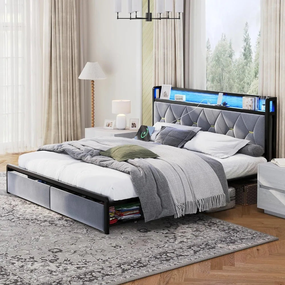 King Size LED Bed Frame with Storage Headboard and Drawers, Upholstered Platform Bed Frame Metal Slats Support Bed Frame