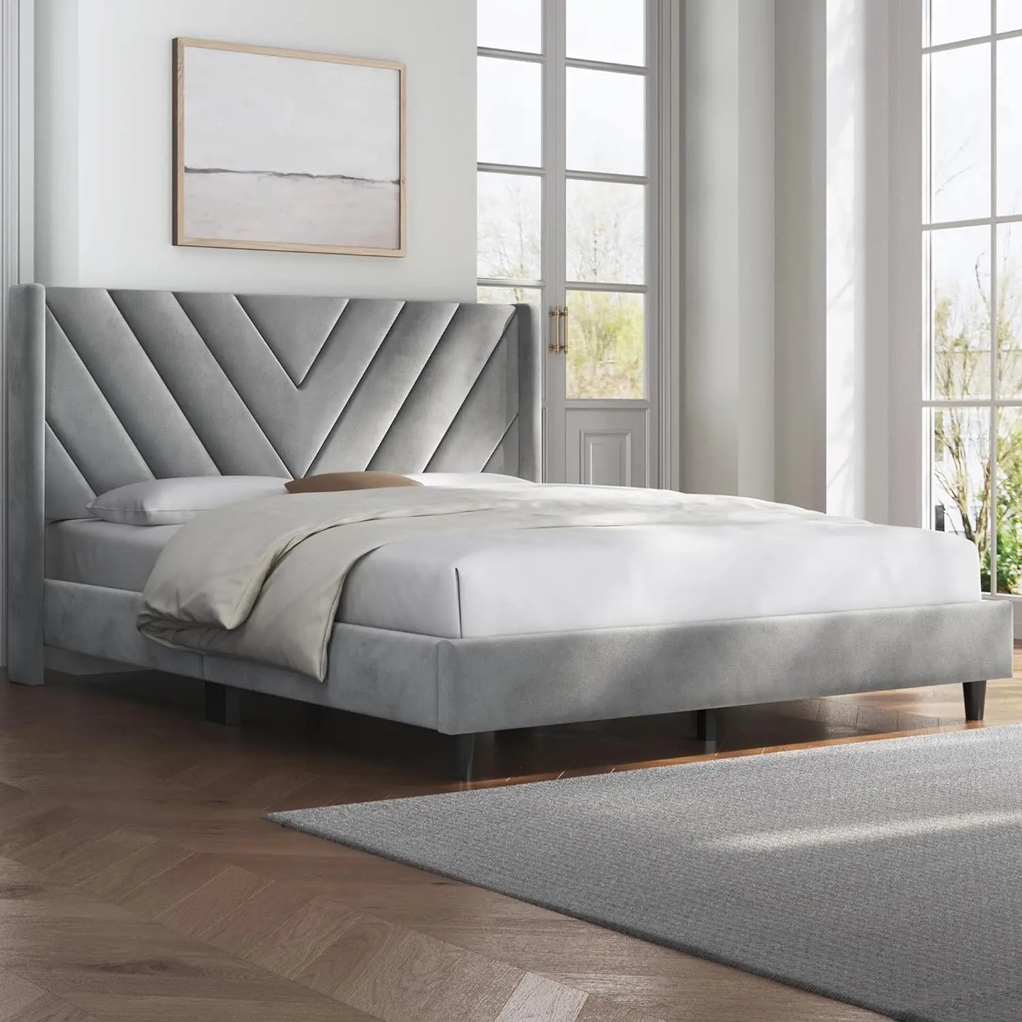 Full/Queen Upholstered Platform Bed Frame,Wing Side Tufted Headboard,Sturdy Wooden Slat Support,Mattress Foundation,Light Gray