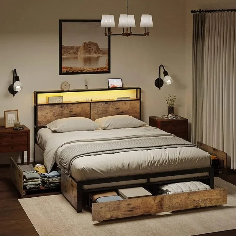 HAUSOURCE Queen Bed Frame with Storage Headboard 4 Drawers LED Lights Metal Platform Non-Slip Without Noise Mattress Foundation