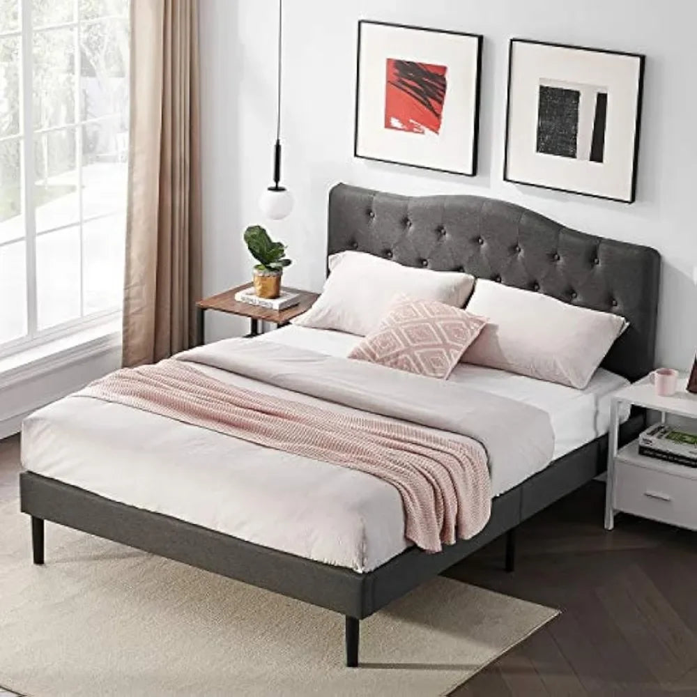 VECELO Bed Frame Upholstered Platform with Tufted Adjustable Headboard/Mattress Foundation with Wood Slat Support, Easy Assembly