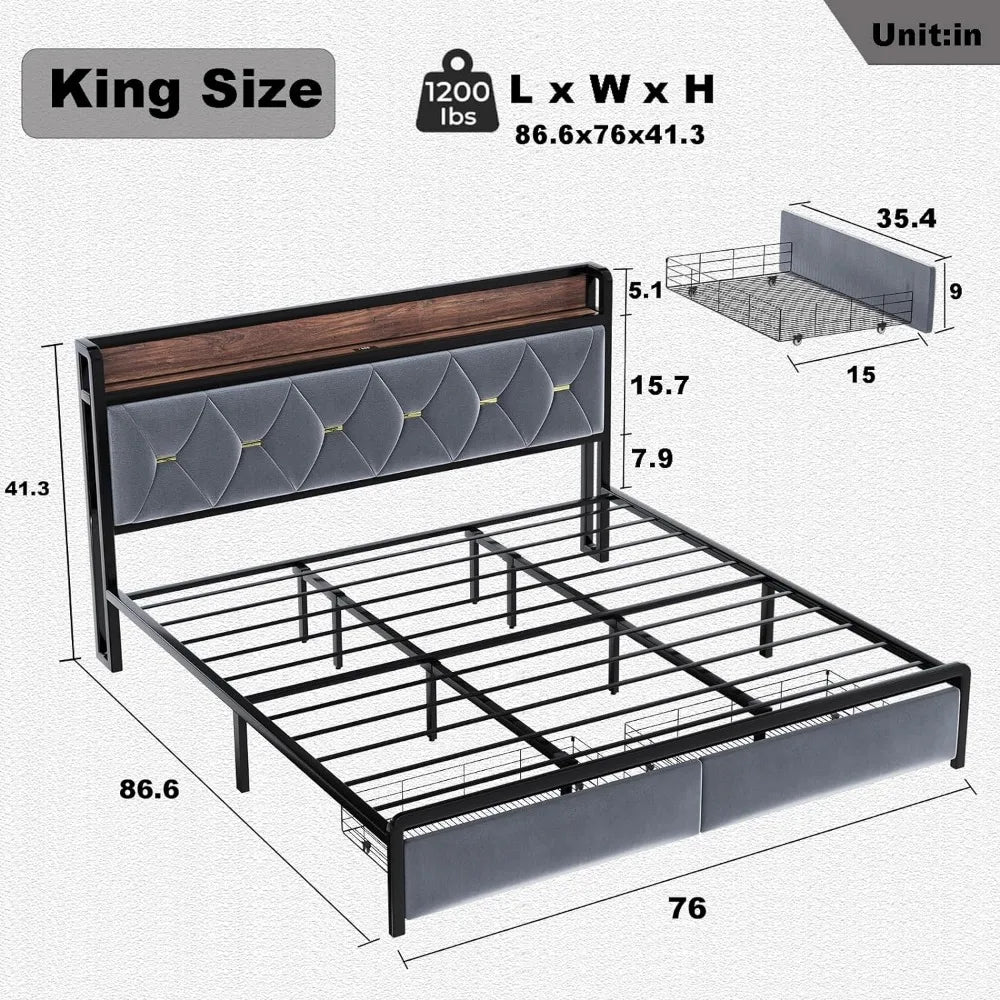 King Size LED Bed Frame with Storage Headboard and Drawers, Upholstered Platform Bed Frame Metal Slats Support Bed Frame