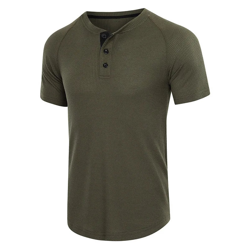 High Quality Summer Men's Tshirt Casual Short Sleeve Henry Collar T Shirt for Men Solid Color Tops Tees Mens Clothing US Size