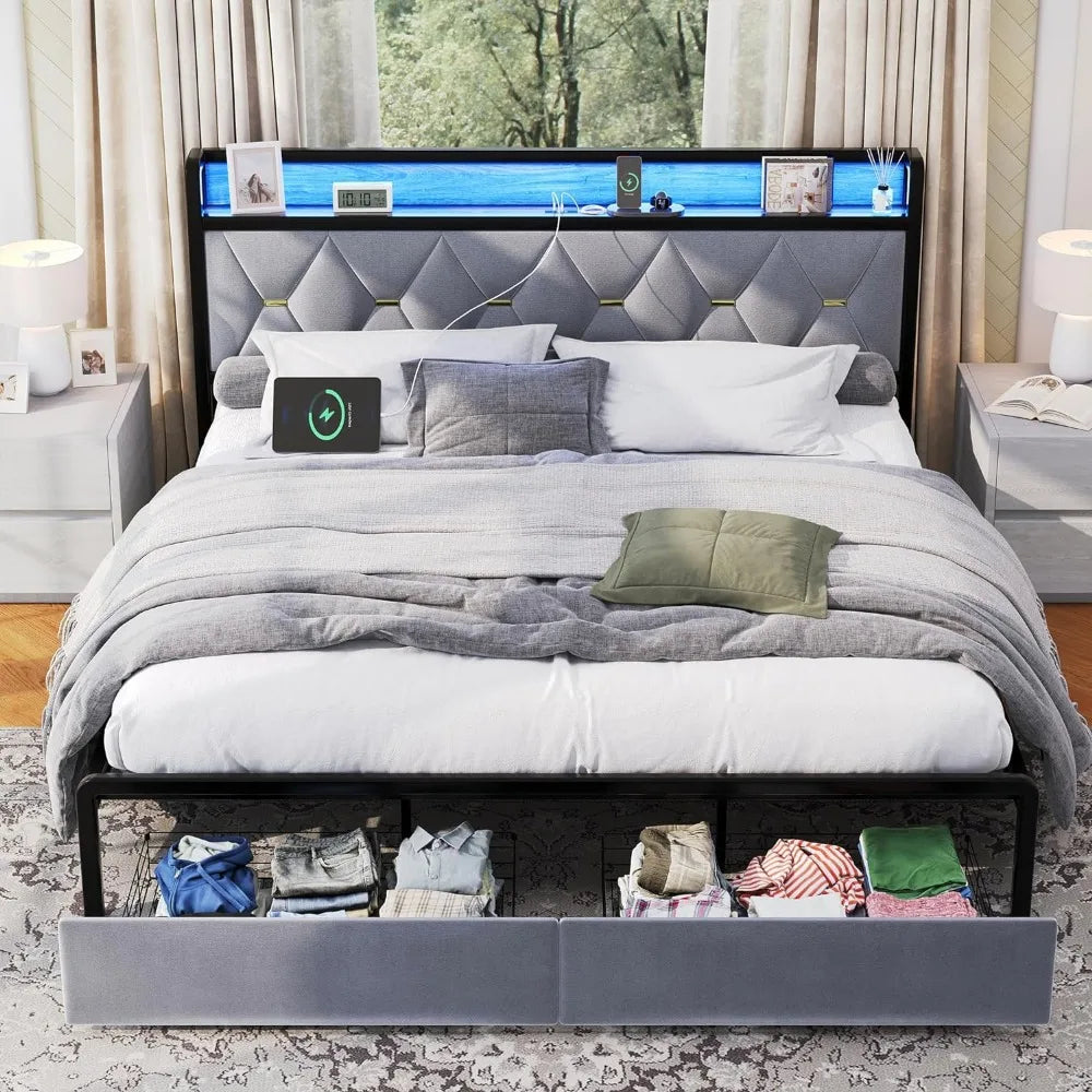 King Size LED Bed Frame with Storage Headboard and Drawers, Upholstered Platform Bed Frame Metal Slats Support Bed Frame