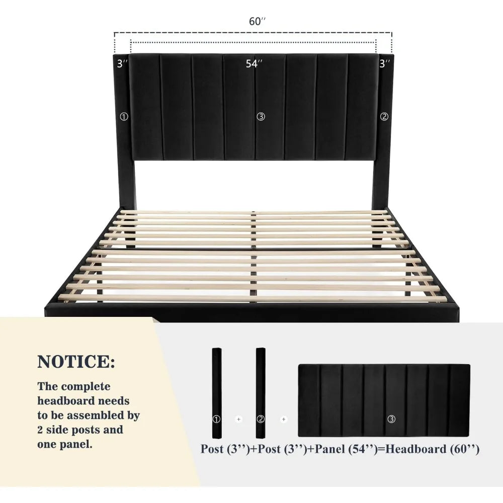 Bed Frame/Velvet Upholstered Bed Frame with Vertical Channel Tufted Headboard, Strong Wooden Slats, Platform Bed Frame