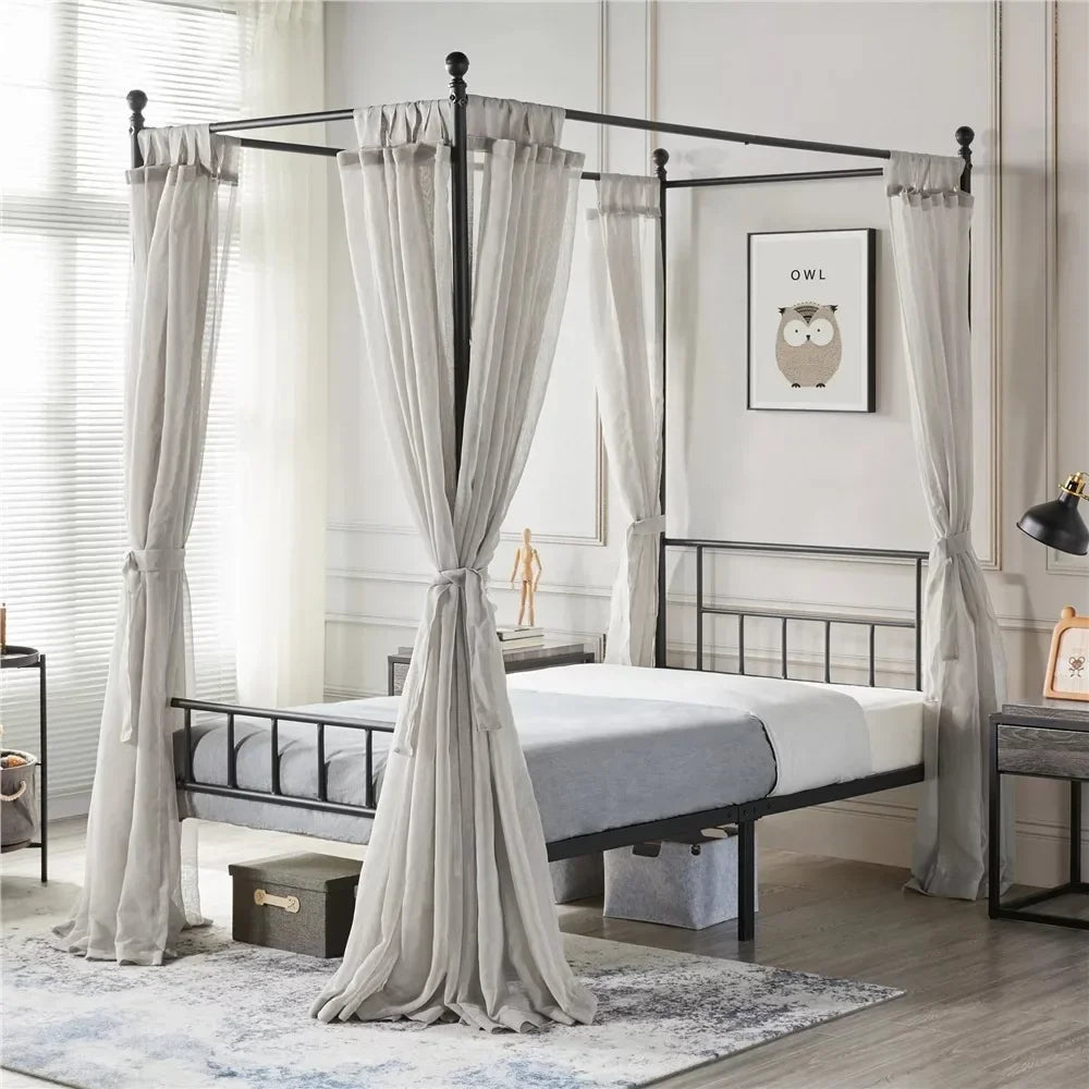 Juno Metal Canopy Frame Four Poster Bed with Headboard and Footboard, Black, Twin
