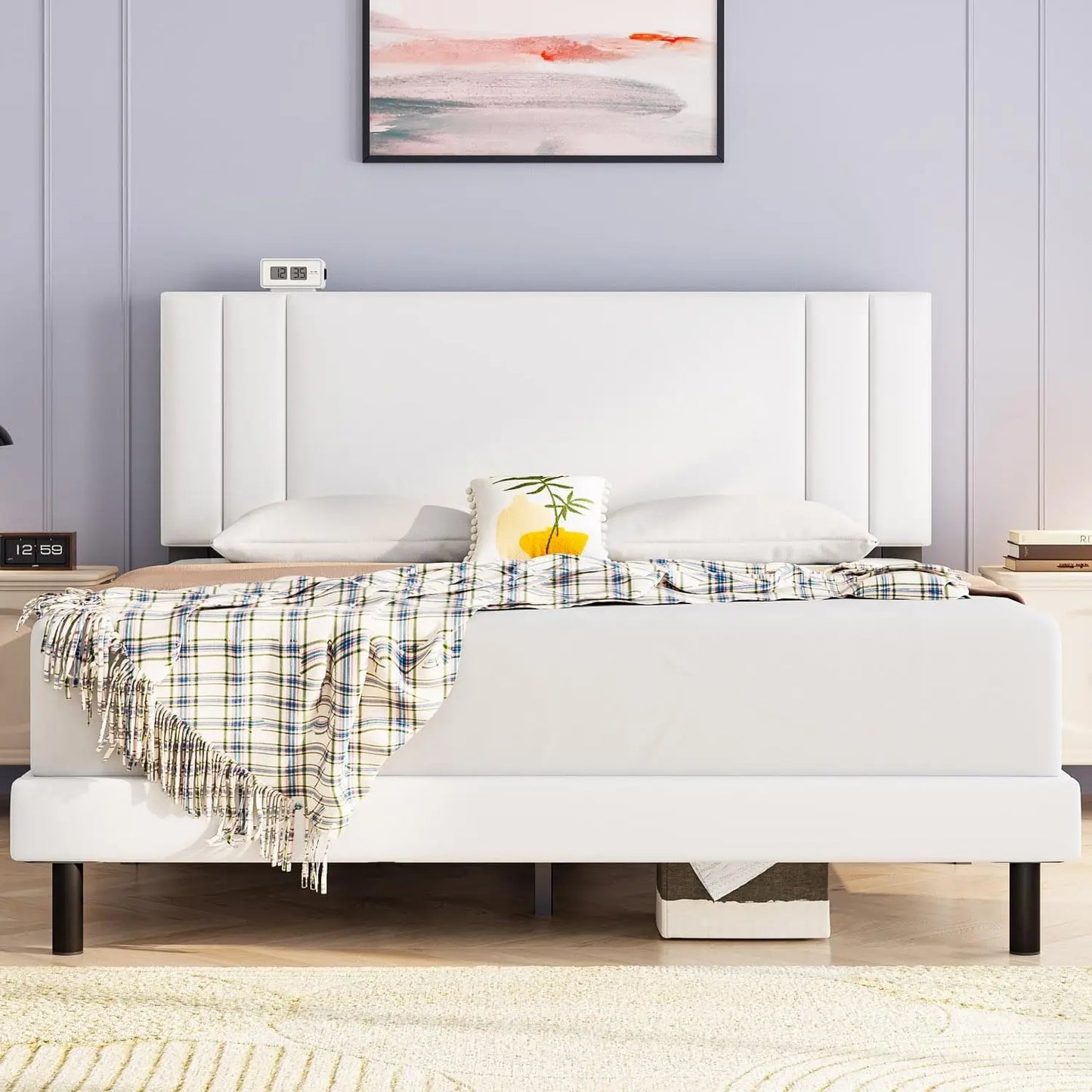King Bed Frame with Headboard, Upholstered Platform Bed Frame, No Box Spring Needed, Non-Slip and Noise-Free, Off-White.