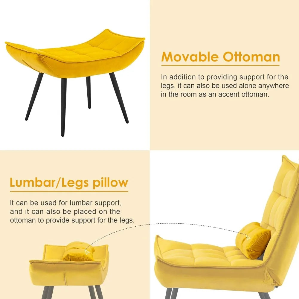 MCombo Accent Chair with Ottoman, Upholstered Leisure Chairs with Metal Legs for Bedroom Living Room (Yellow)