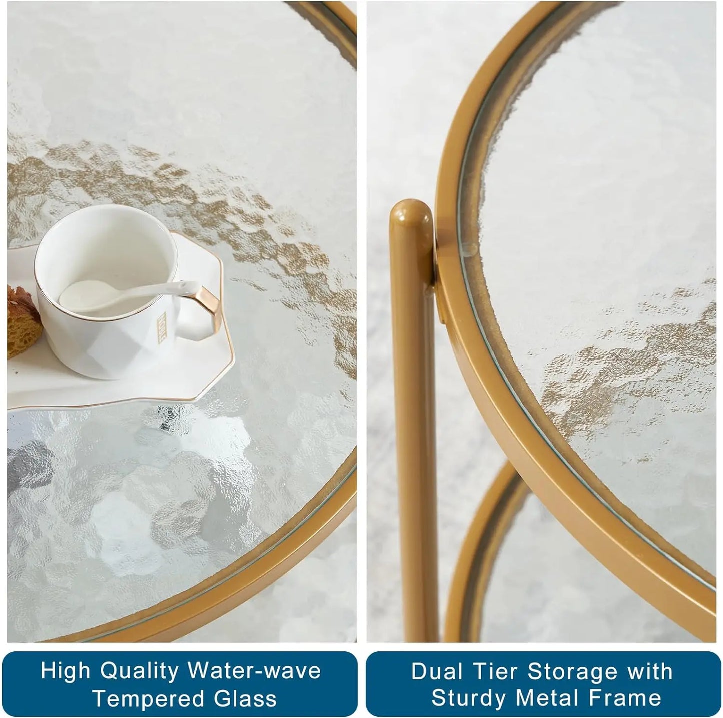 VINGLI 25.6" Small Matte Gold Round Coffee Table Water-Wave Glass Circle Clear Coffee Table, Center Table with 2-Tier Modern Sto