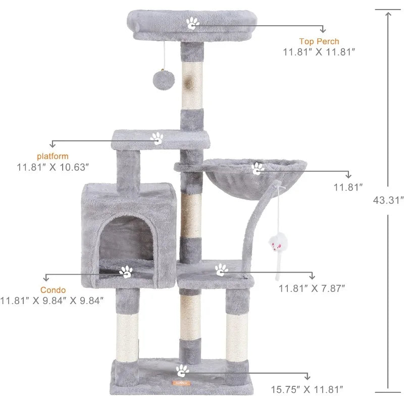 Heybly Cat Tree with Toy, Cat Tower Condo for Indoor Cats, Cat House with Padded Plush Perch(Light Gray/Beige)optional