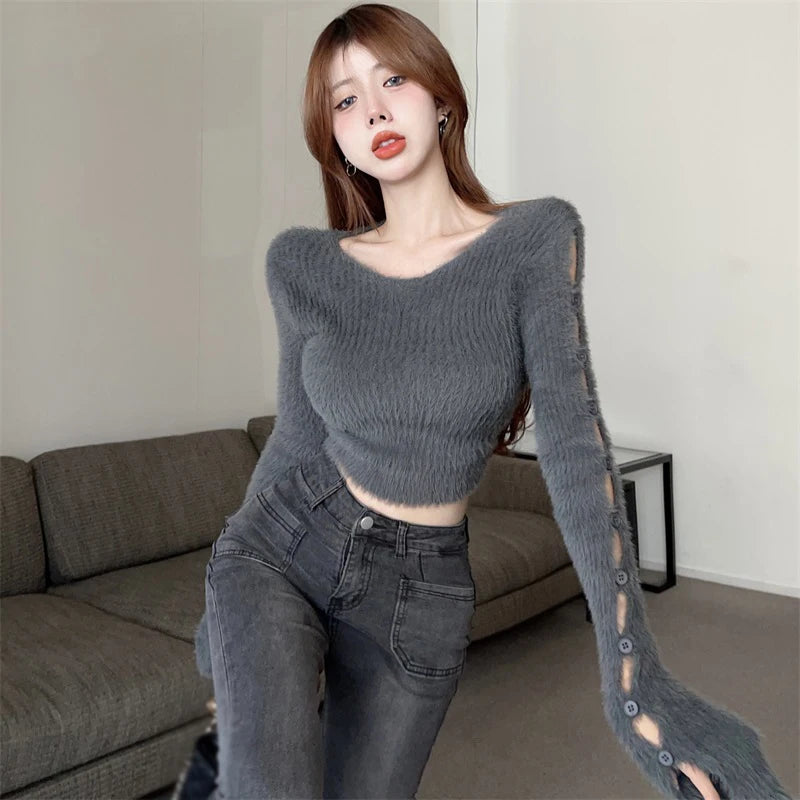 Women Y2k Vintage O Neck Cropped Sweater Solid Sexy Pullover Autumn Aesthetic Hollow Out Long Sleeve Casual Tops Knitwear