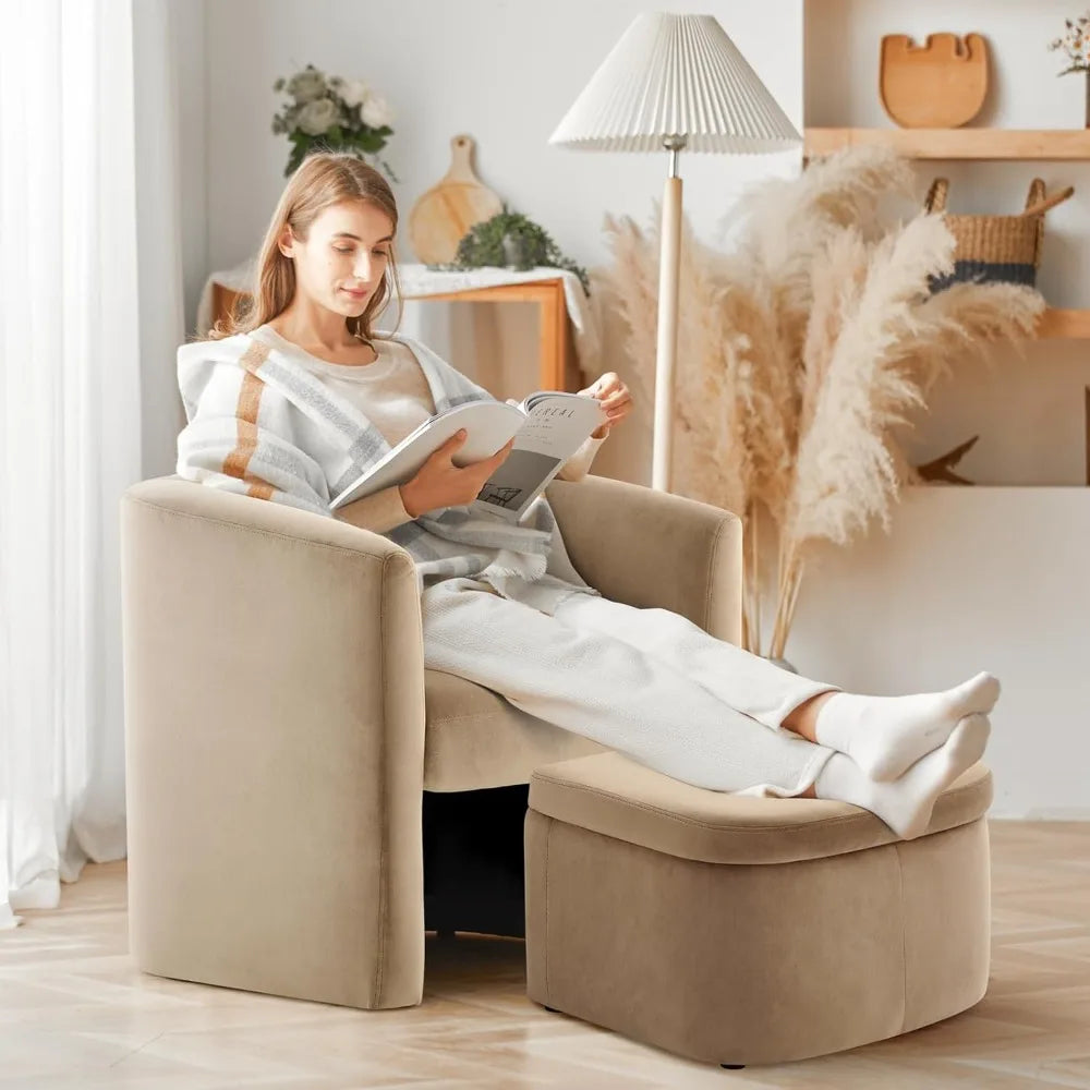 Upholstered Velvet Barrel Accent Chair with Storage Ottoman,Morden Living Room Side Chair, Single Sofa Armchair with Lounge Seat