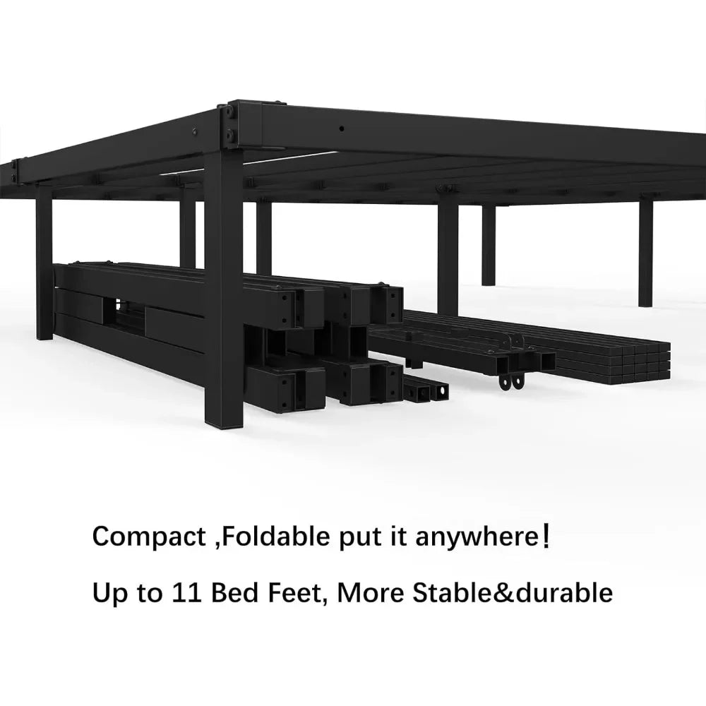 Foldable King Size Bed Frame Metal Platform Bed Black Quick Assembly Durable Steel Plate 11 Foot No Box Springs 14 Inches