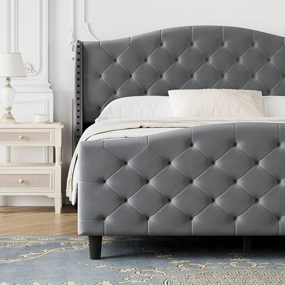 Bed frame, with tufted wing back headboard and footboard, padded table bed, velvet king size bed frame