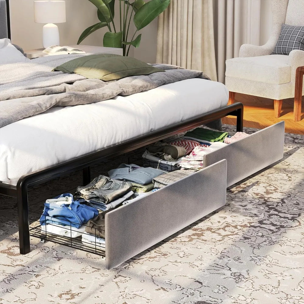 King Size LED Bed Frame with Storage Headboard and Drawers, Upholstered Platform Bed Frame Metal Slats Support Bed Frame