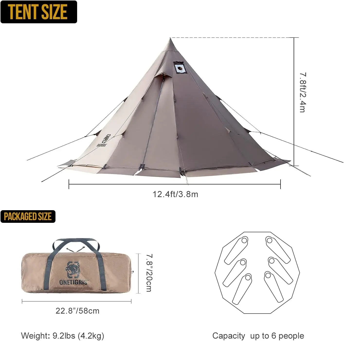 OneTigris Rock Fortress Hot Tent with Stove Jack, 4 Season, 4-6 Person Tipi Tent, Family Tent for Camping Backpacking Huntin