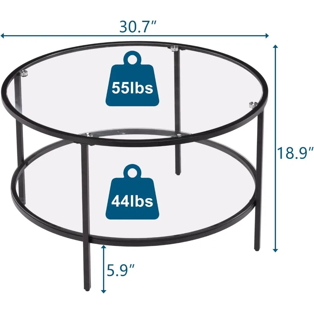 VINGLI Glass Coffee Table,30" Round Coffee Table Black Tables for Living Room,2-Tier Glass Top Coffee Table with Storage