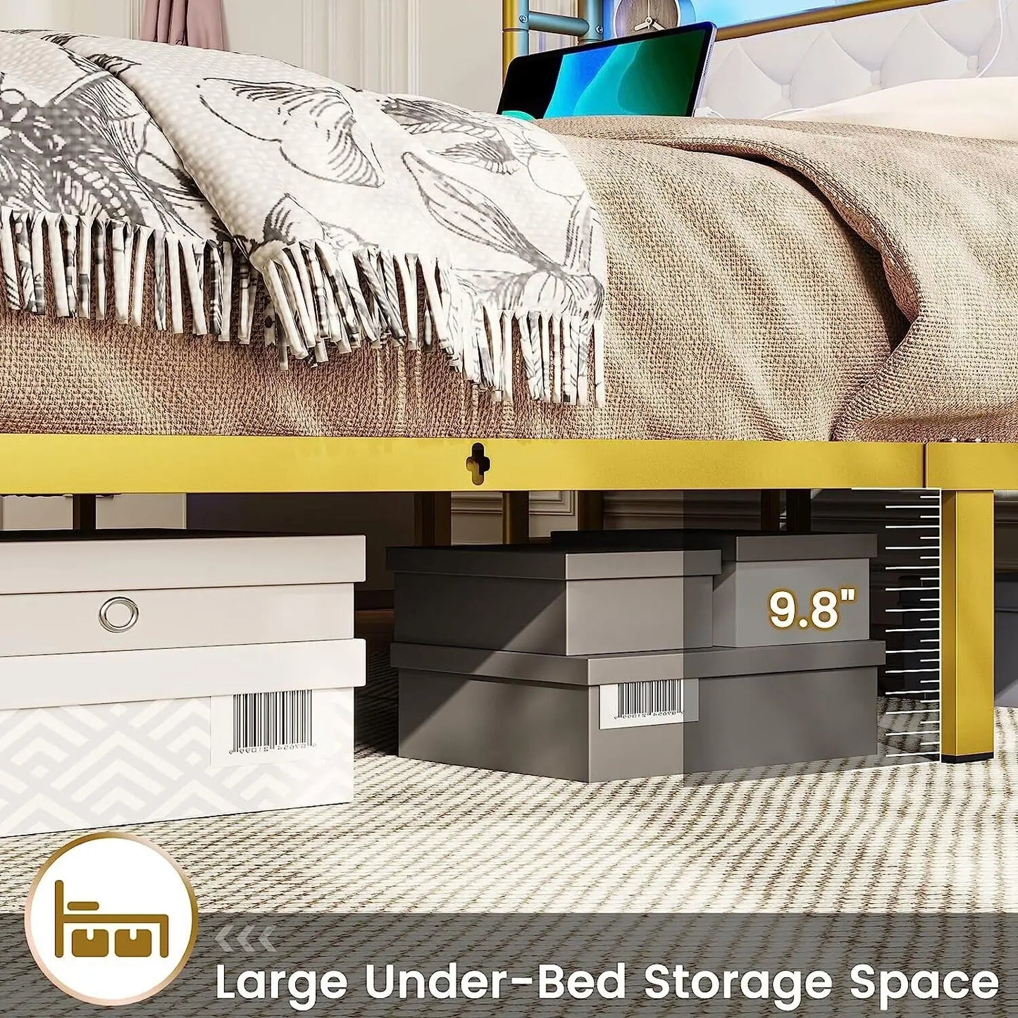 King/Queen Size LED Bed Frame with Storage Headboard with USB and Shelf,Modern style Upholstered Platform Bed Frame,for bedroom