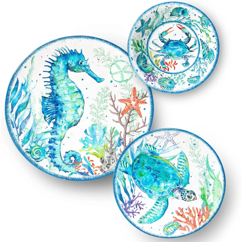 12-Piece Melamine Beach Dinnerware Set, Coastal Plates and Bowls Sets, Oceanic Sea Life Dish Sets for 4, Great for Indoor