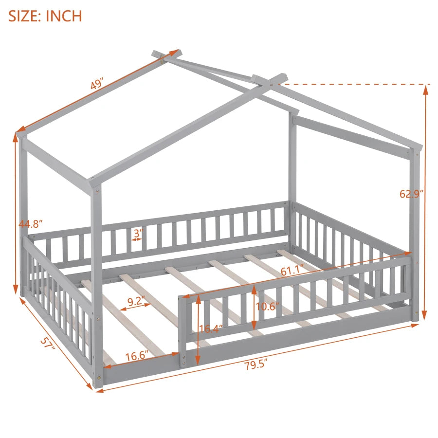 Full Size Wood Bed,House Bed Frame with Fence and roof,Playhouse Design kids bed,simple house bed for Kids,Teens,Girls,Boys