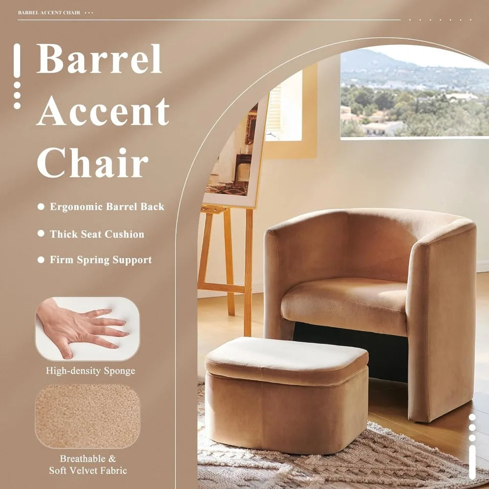 Upholstered Velvet Barrel Accent Chair with Storage Ottoman,Morden Living Room Side Chair, Single Sofa Armchair with Lounge Seat