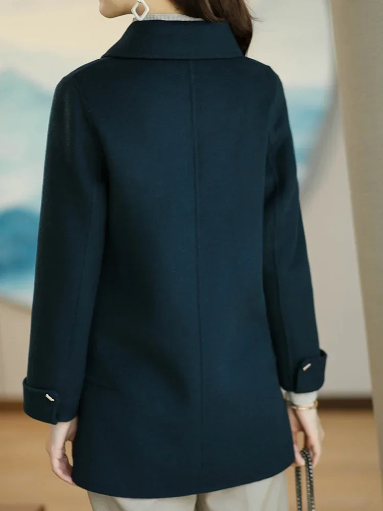 Woolen Coat Slim Fashion Office Lady Square Collar Single Breasted Winter Coats for Women 2023 Wide-waisted Pocket Black Coat