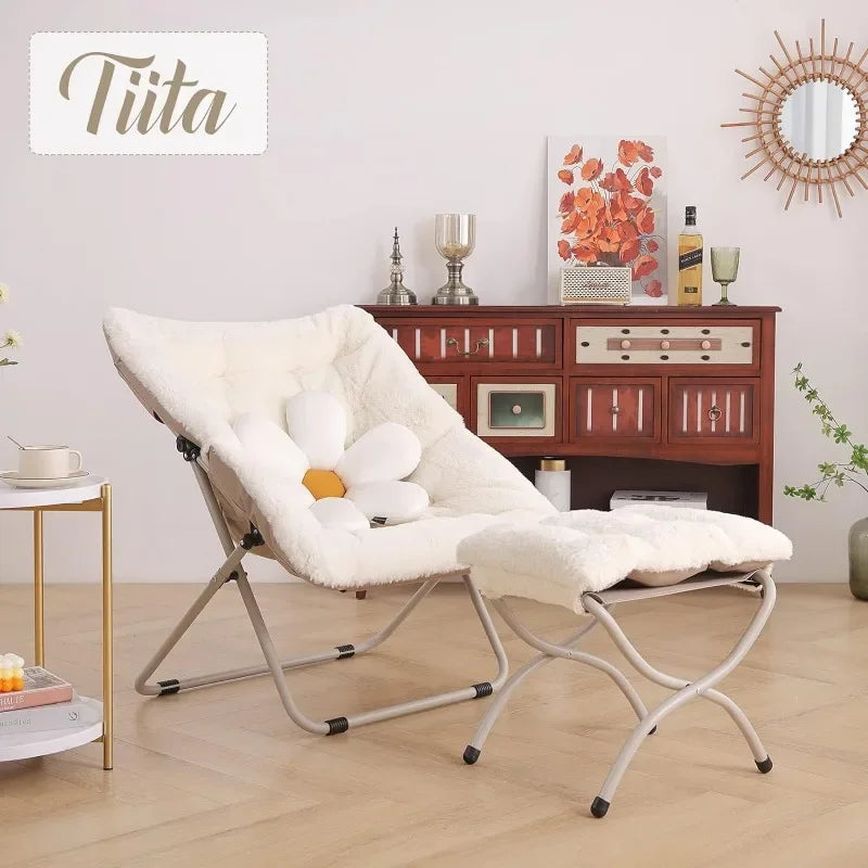Tiita Saucer Chair with Ottoman Soft Faux Fur Oversized Folding Accent Chair Lounge Lazy Chair Living Room Dorm Rooms
