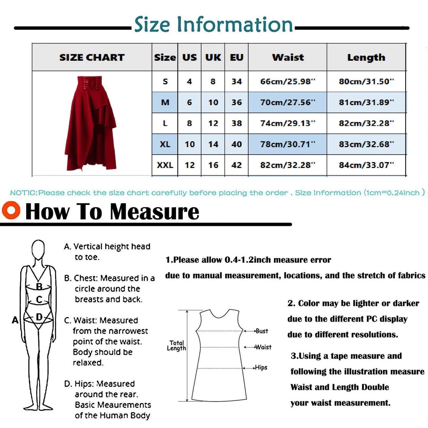 Women's Prom Party Skirts Gothic Style Clothing Vintage Lace-Up Skirts Steampunk Renaissance Mid-Length Skirts Black Blue Red