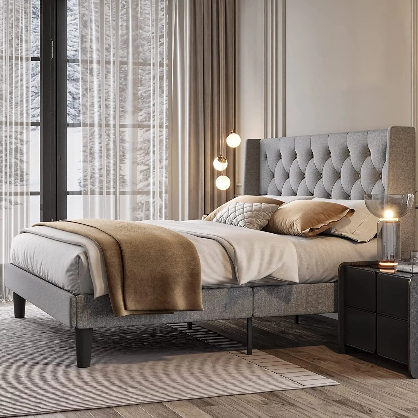 King/Queen/Full Size Platform Bed Frame with Upholstered Headboard & Comfortable Wingback,Modern Bed for Adults youth bedroom