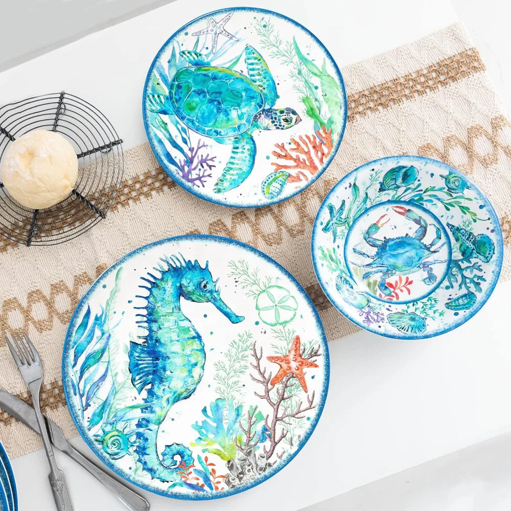 12-Piece Melamine Beach Dinnerware Set, Coastal Plates and Bowls Sets, Oceanic Sea Life Dish Sets for 4, Great for Indoor