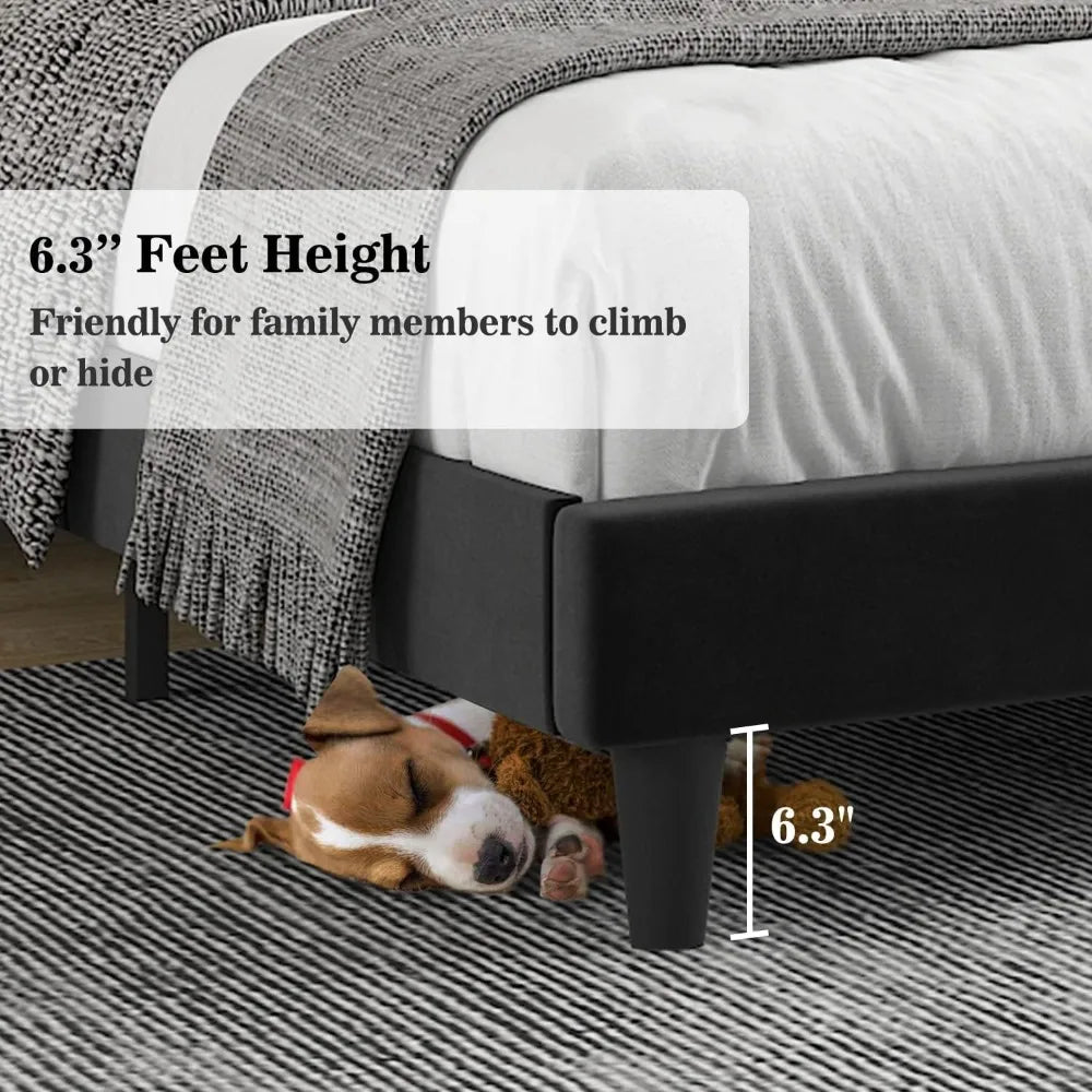 Bed Frame/Velvet Upholstered Bed Frame with Vertical Channel Tufted Headboard, Strong Wooden Slats, Platform Bed Frame